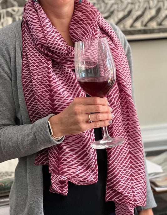 The Charlotte - Arashi Shibori Silk Scarf in Burgundy Red