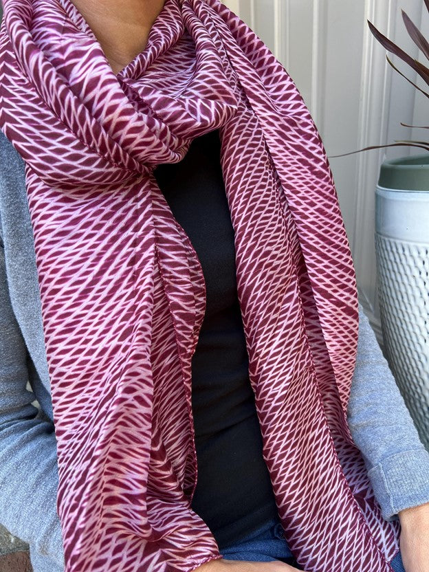 The Charlotte - Arashi Shibori Silk Scarf in Burgundy Red