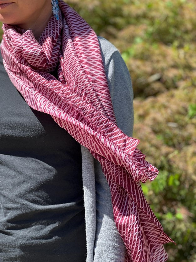 The Charlotte - Arashi Shibori Silk Scarf in Burgundy Red