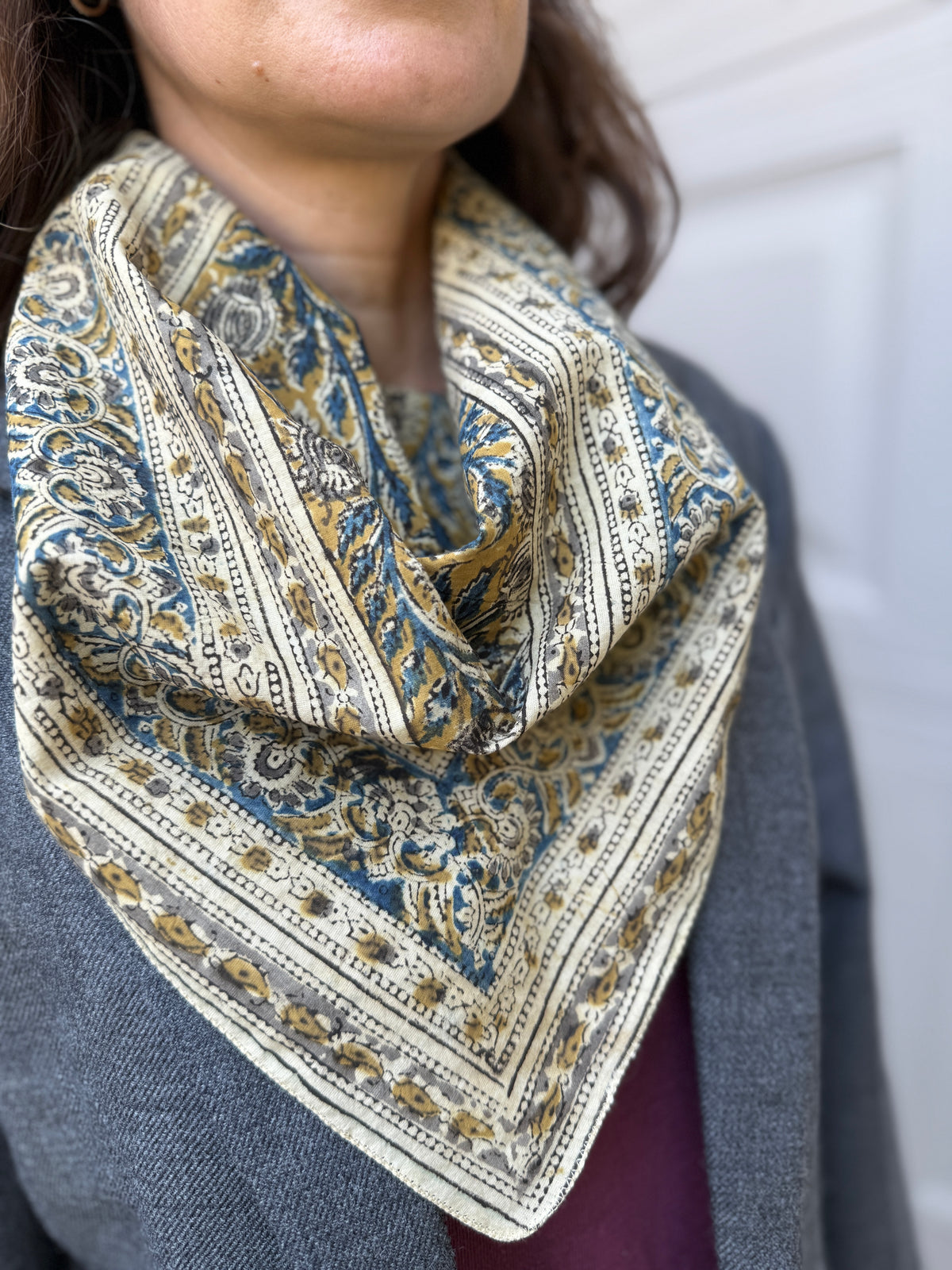 Bandana, Flax and Indigo Kalamkari Print