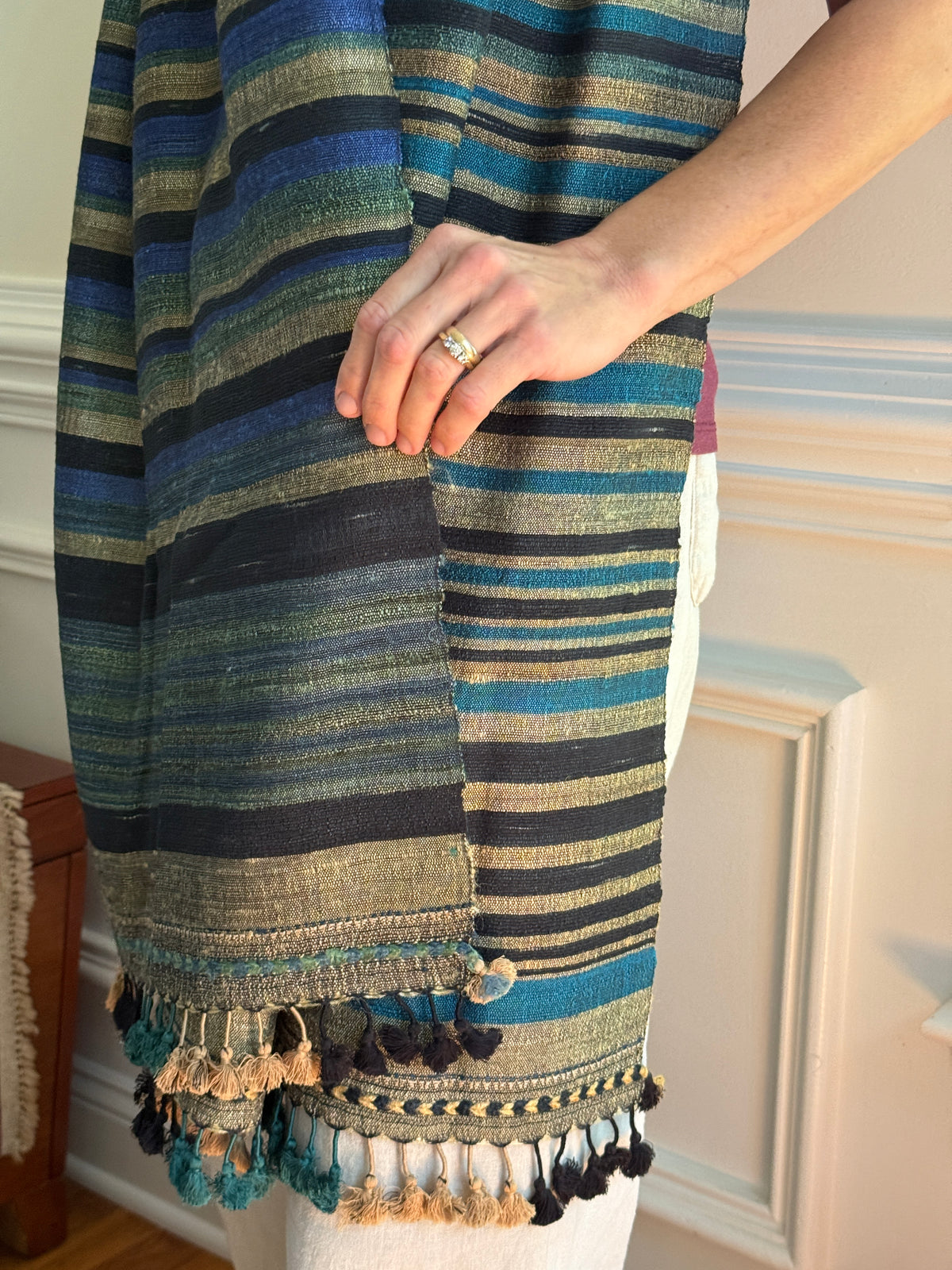 Raw Silk and Khadi Shawl - Cerulean, Moss and Stone