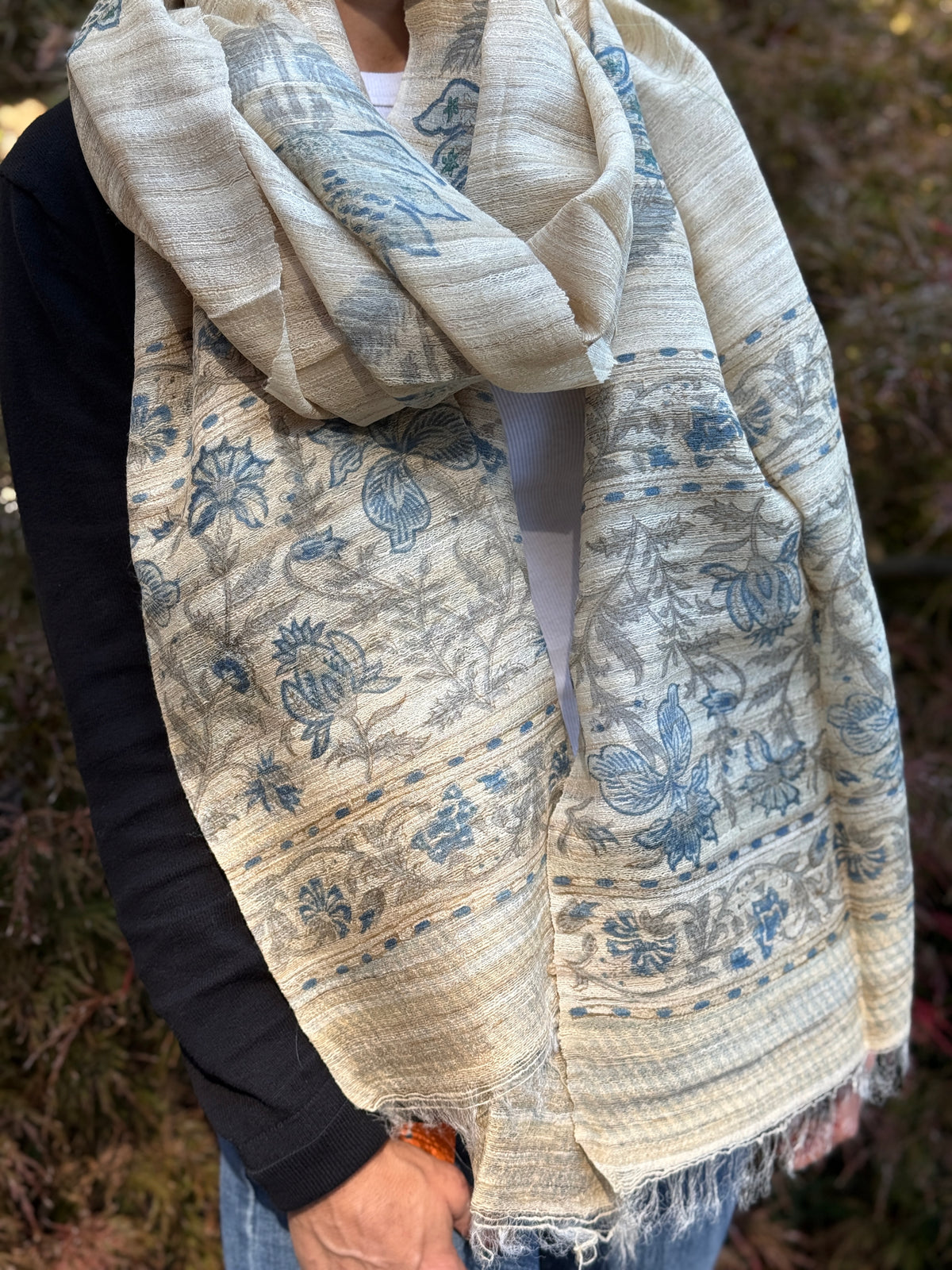 Raw Silk Block Printed Shawl - Nigella