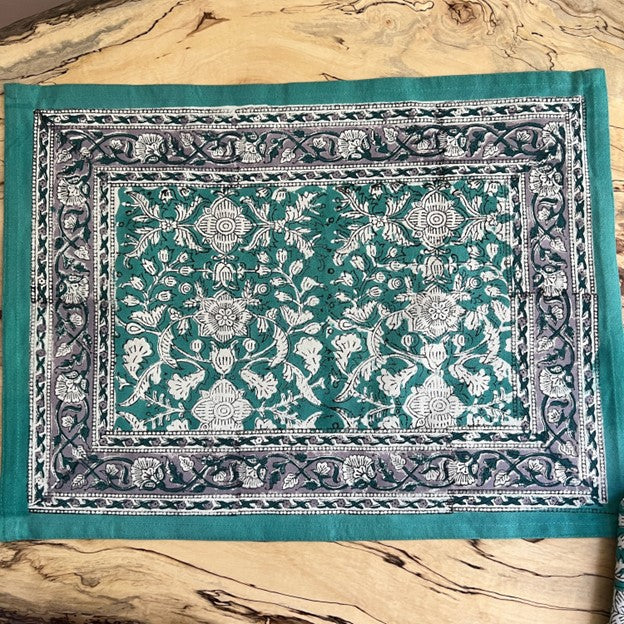 Table Mat and Napkin Set - Jade with Jasmine Blooms