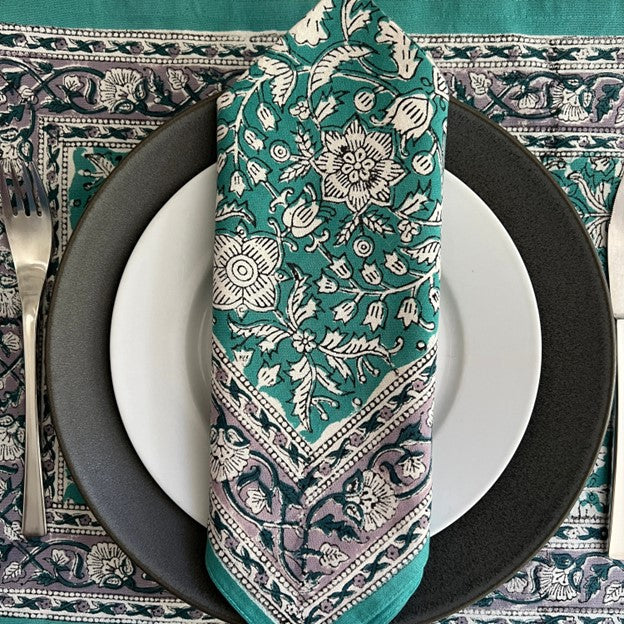 Table Mat and Napkin Set - Jade with Jasmine Blooms