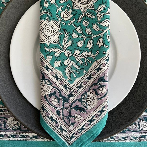 Table Mat and Napkin Set - Jade with Jasmine Blooms