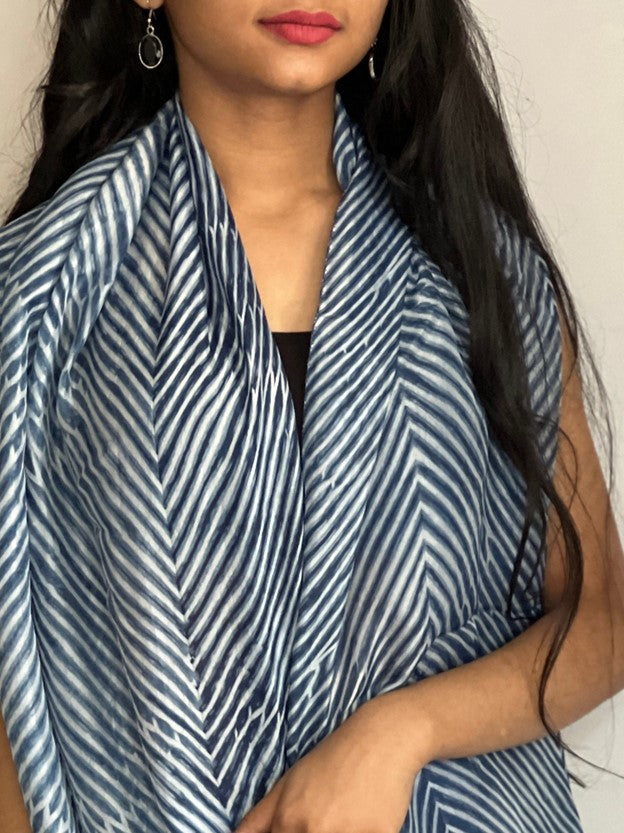 The Charlotte - Arashi Shibori Silk Scarf in Indigo
