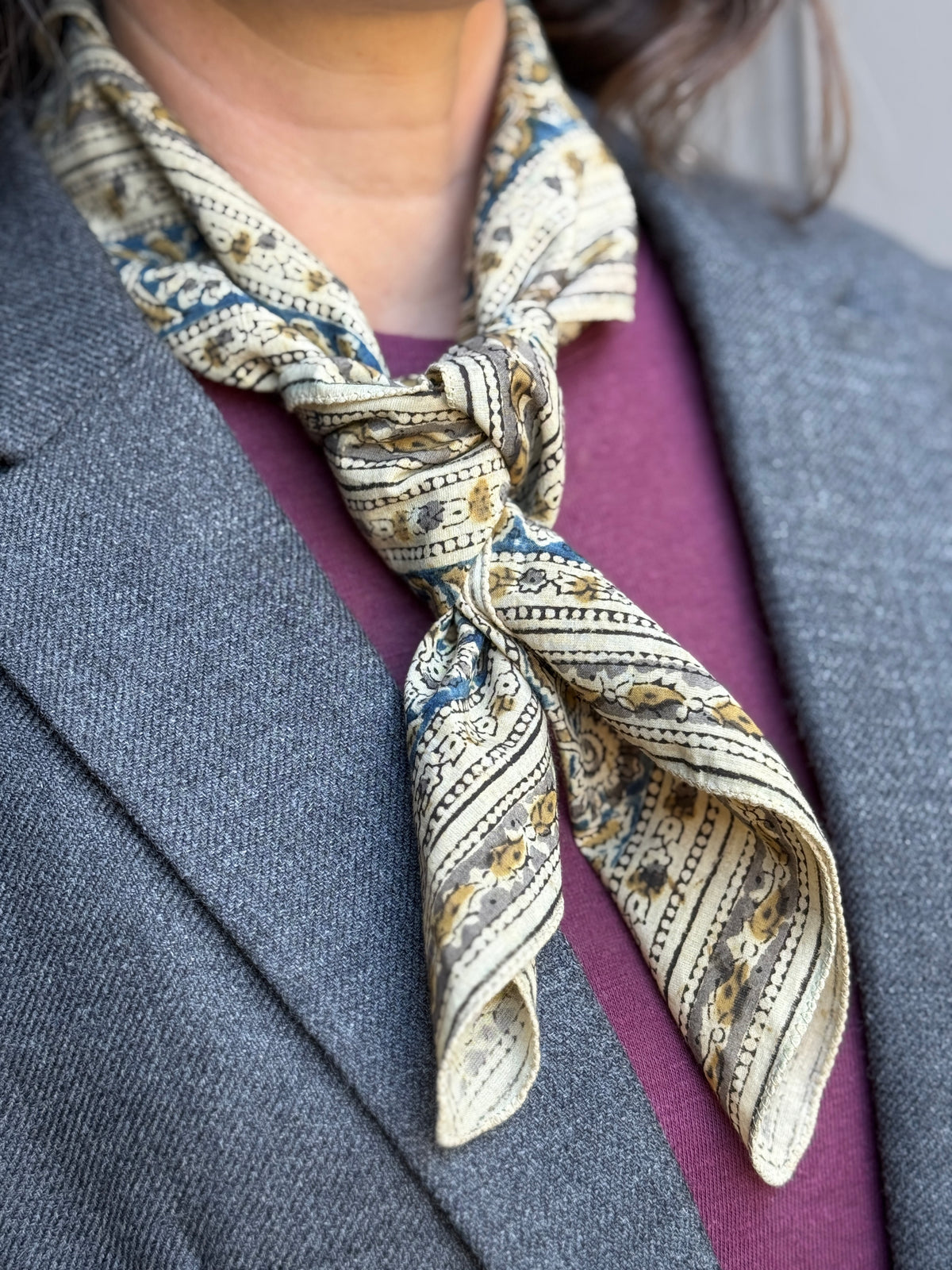Bandana, Flax and Indigo Kalamkari Print