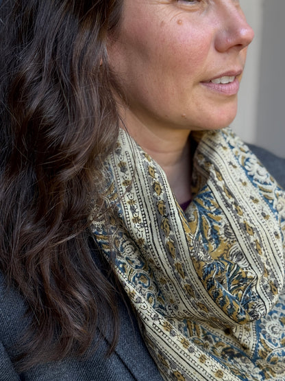 Bandana, Flax and Indigo Kalamkari Print