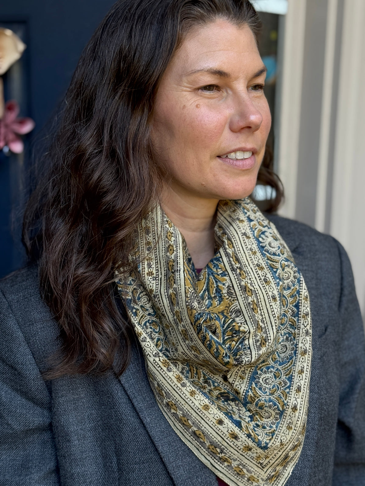 Bandana, Flax and Indigo Kalamkari Print