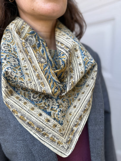 Bandana, Flax and Indigo Kalamkari Print