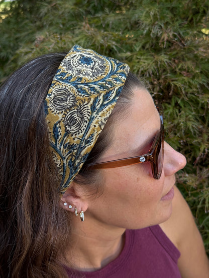 Bandana, Flax and Indigo Kalamkari Print