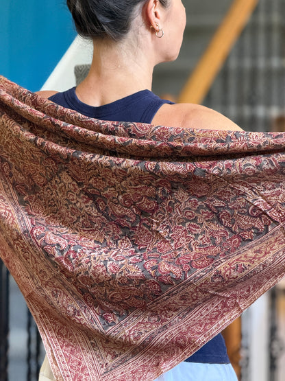 Large Kalamkari Block Print Cotton Square Scarf - Oxalis