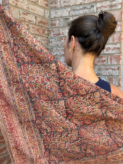 Large Kalamkari Block Print Cotton Square Scarf - Oxalis