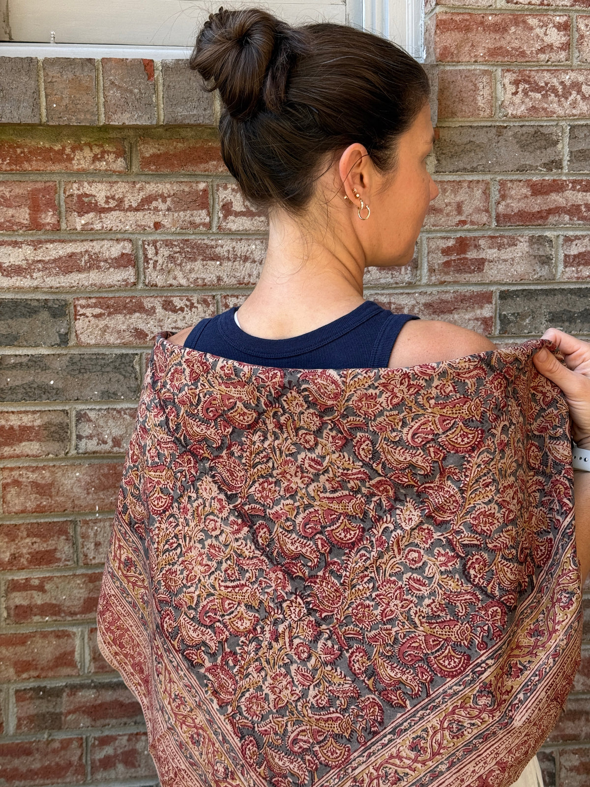 Large Kalamkari Block Print Cotton Square Scarf - Oxalis
