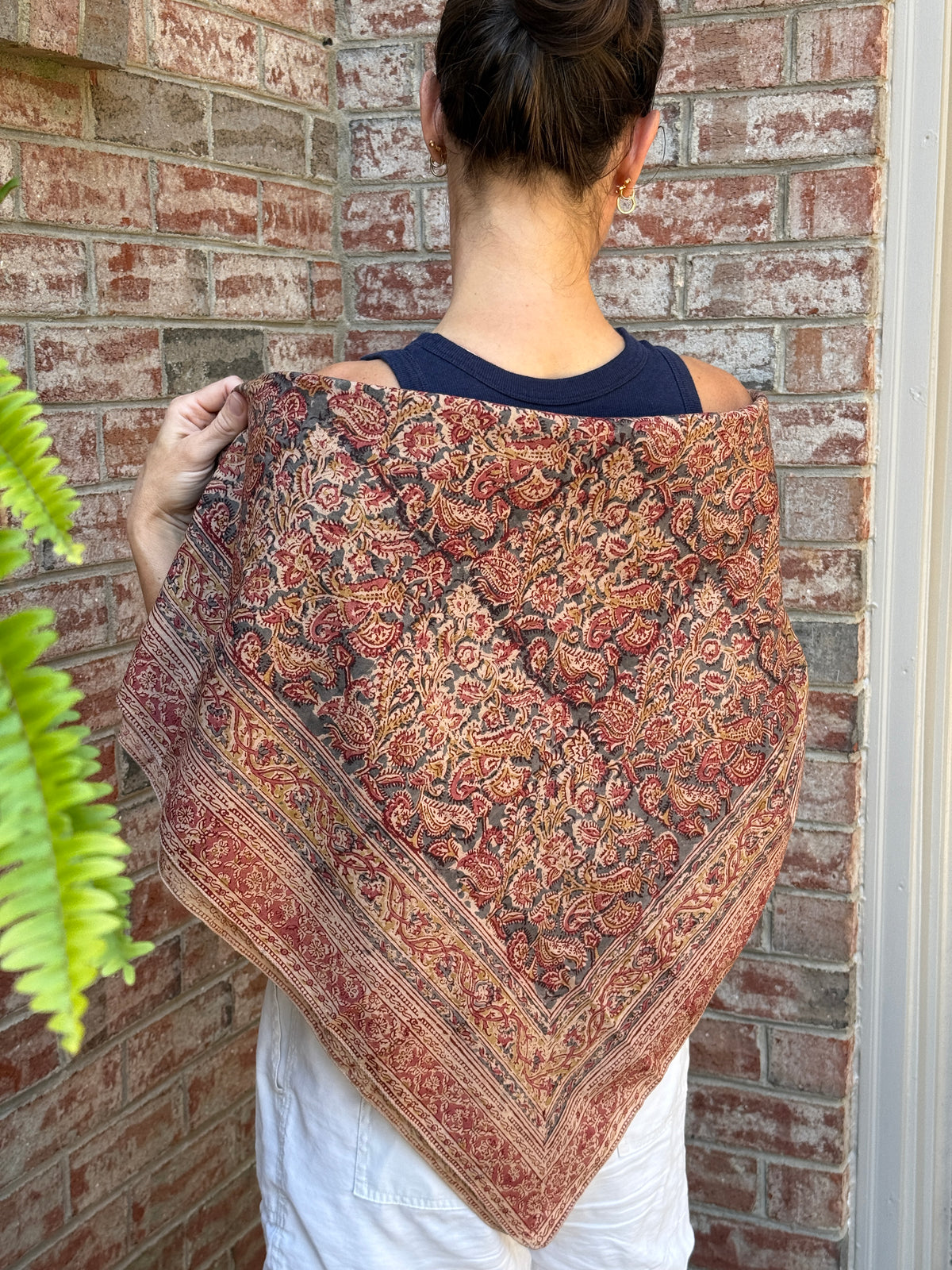 Large Kalamkari Block Print Cotton Square Scarf - Oxalis