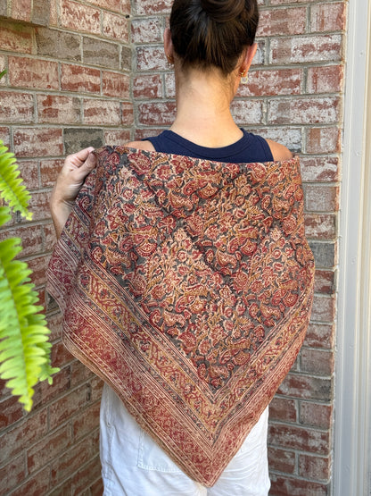 Large Kalamkari Block Print Cotton Square Scarf - Oxalis
