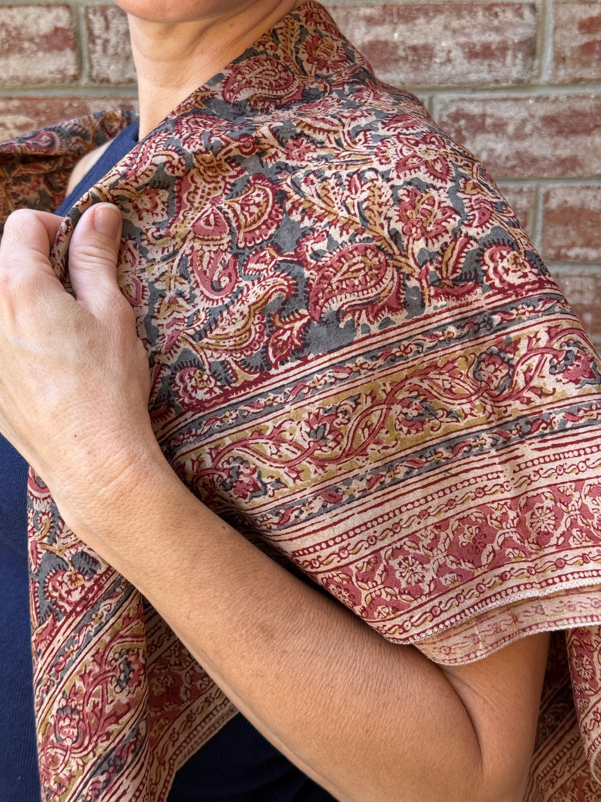 Large Kalamkari Block Print Cotton Square Scarf - Oxalis