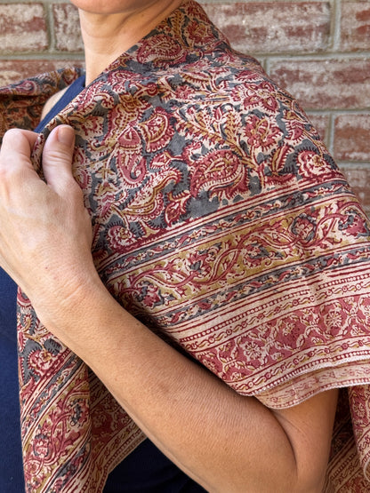 Large Kalamkari Block Print Cotton Square Scarf - Oxalis