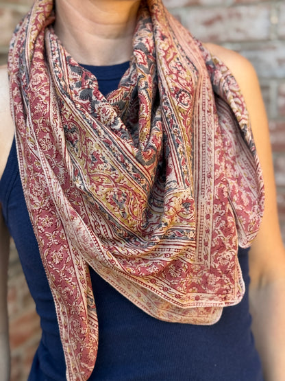 Large Kalamkari Block Print Cotton Square Scarf - Oxalis