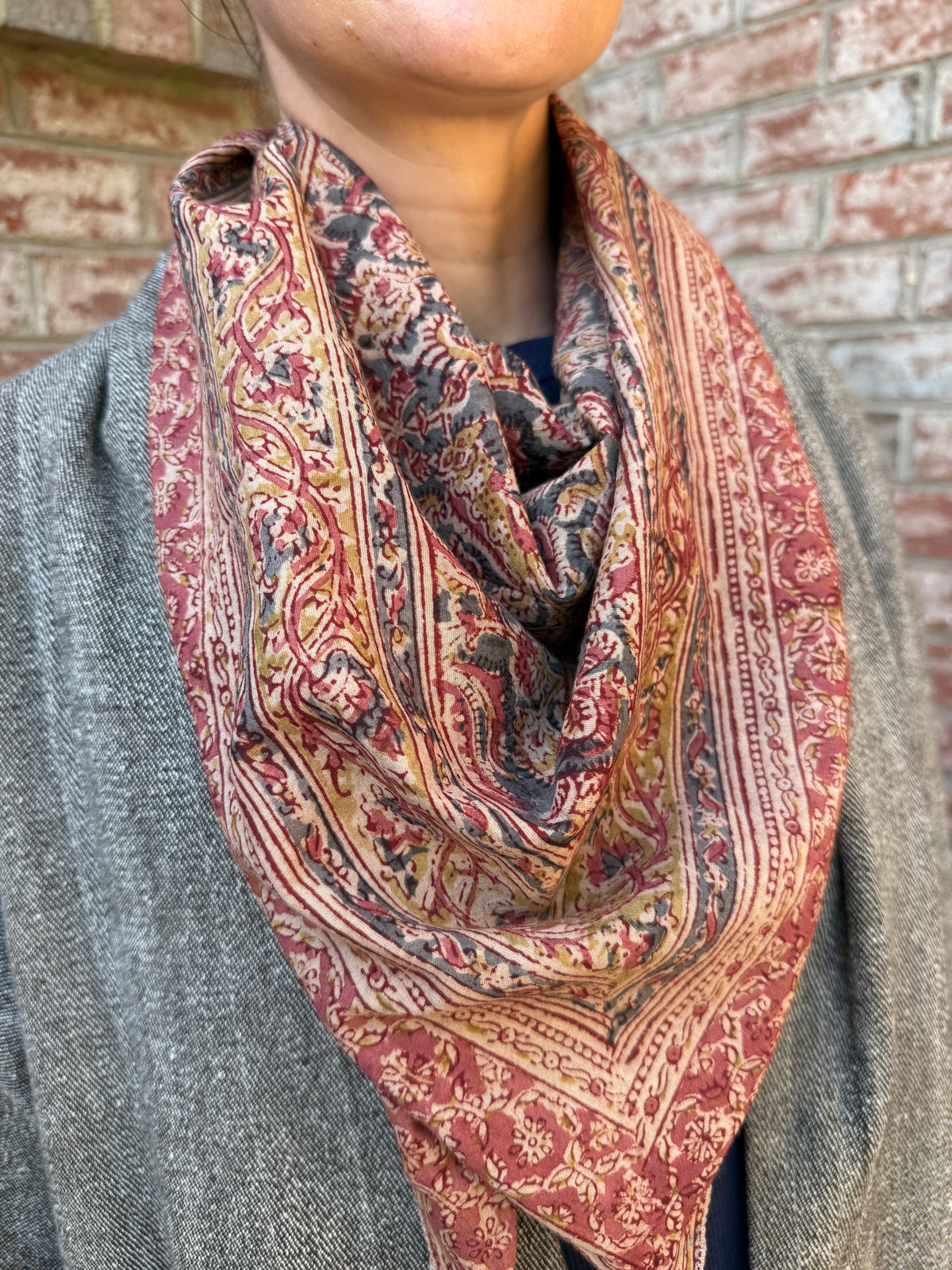 Large Kalamkari Block Print Cotton Square Scarf - Oxalis