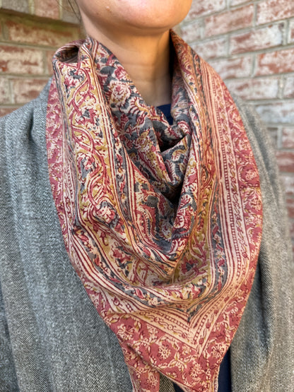 Large Kalamkari Block Print Cotton Square Scarf - Oxalis