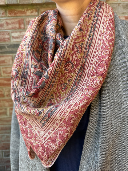 Large Kalamkari Block Print Cotton Square Scarf - Oxalis