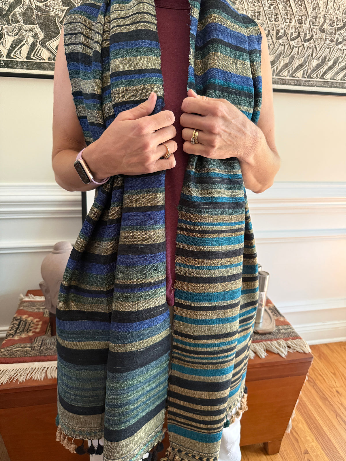 Raw Silk and Khadi Shawl - Cerulean, Moss and Stone