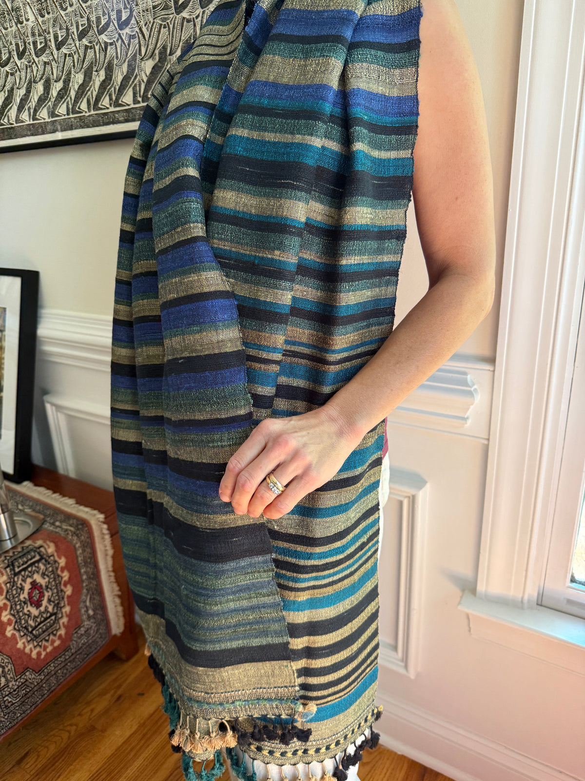 Raw Silk and Khadi Shawl - Cerulean, Moss and Stone