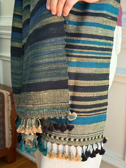 Raw Silk and Khadi Shawl - Cerulean, Moss and Stone