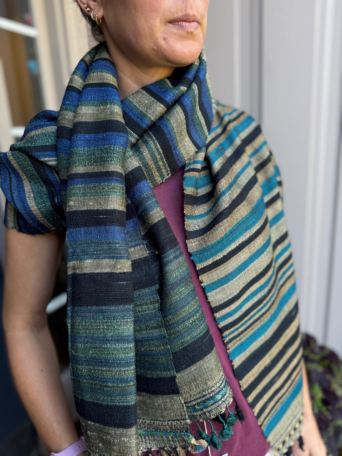 Raw Silk and Khadi Shawl - Cerulean, Moss and Stone