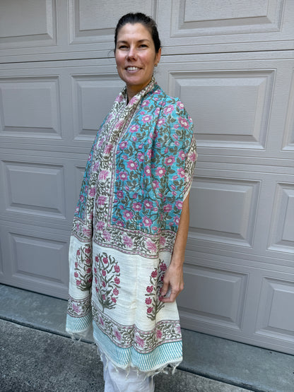 Raw Silk Block Printed Shawl - Camellia