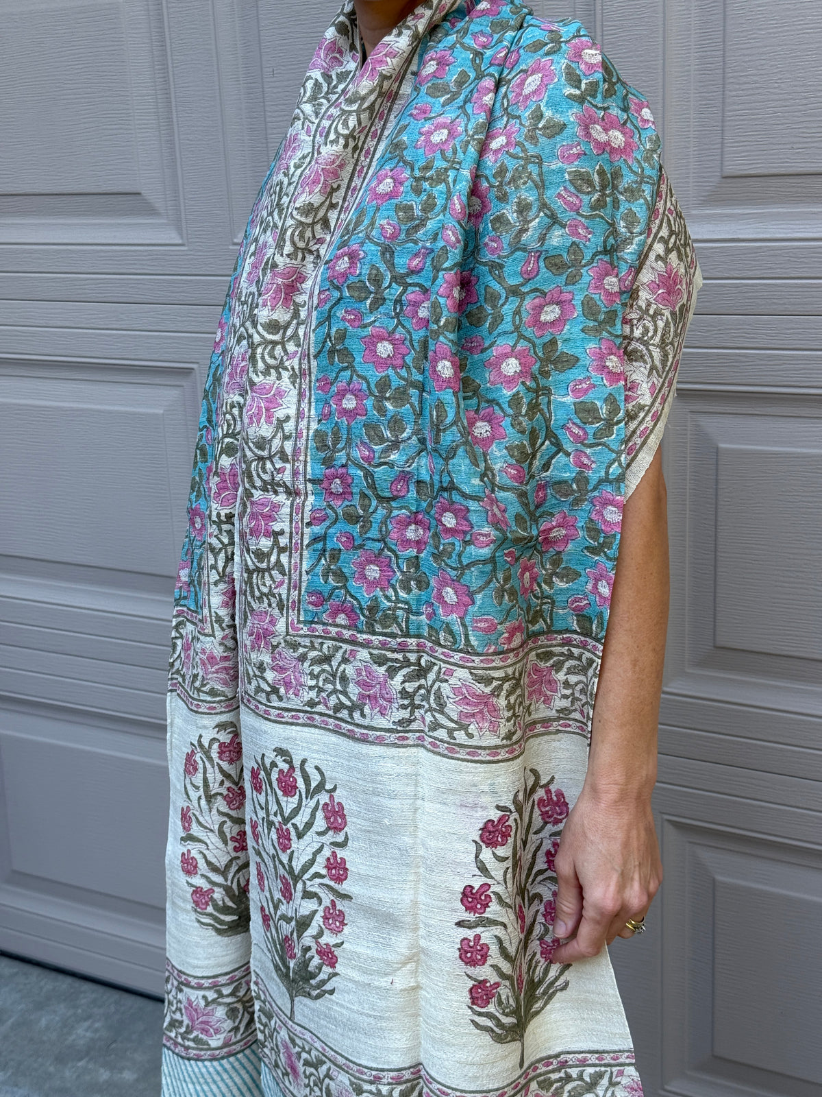 Raw Silk Block Printed Shawl - Camellia