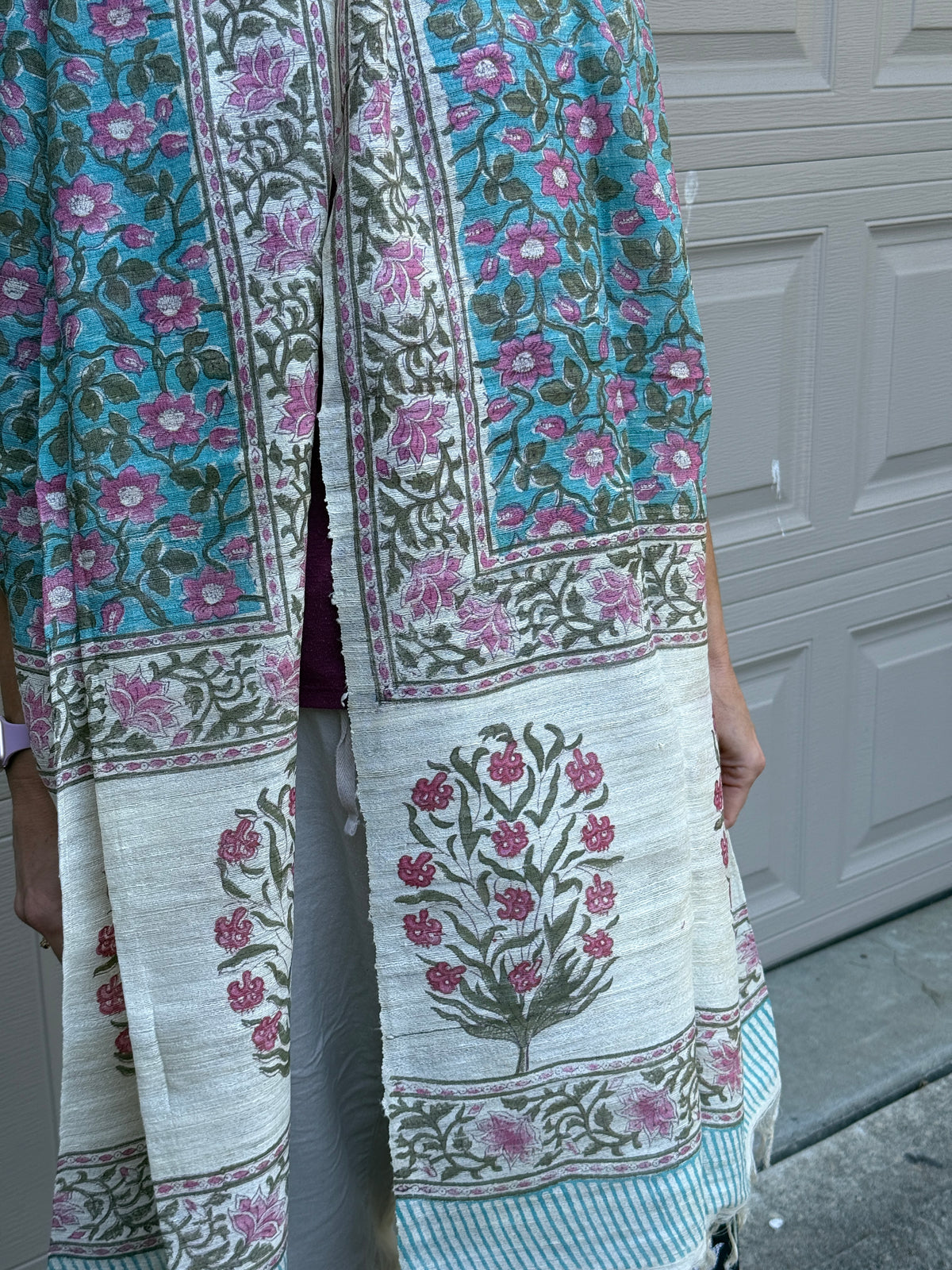 Raw Silk Block Printed Shawl - Camellia