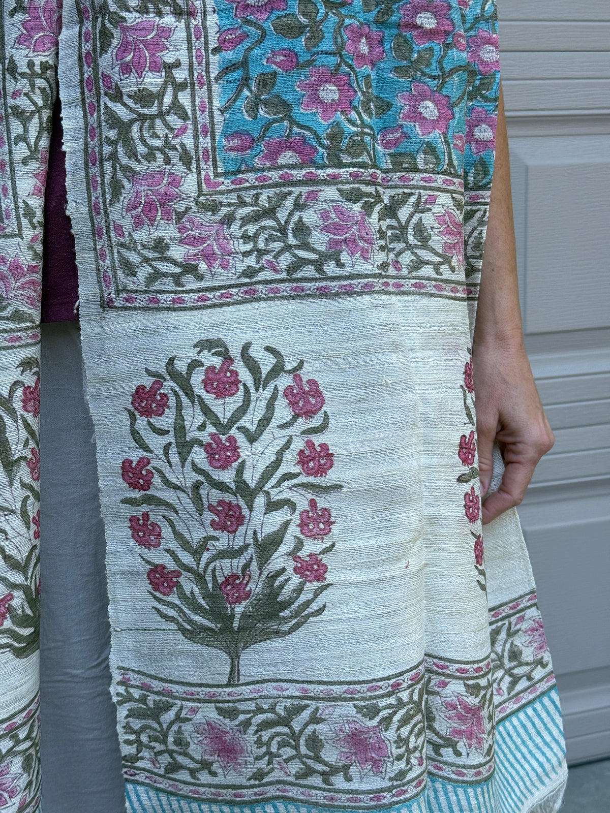 Raw Silk Block Printed Shawl - Camellia