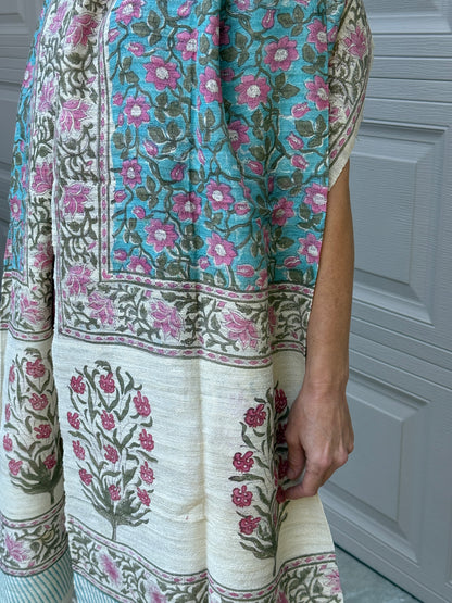 Raw Silk Block Printed Shawl - Camellia