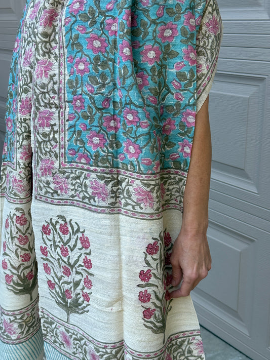 Raw Silk Block Printed Shawl - Camellia