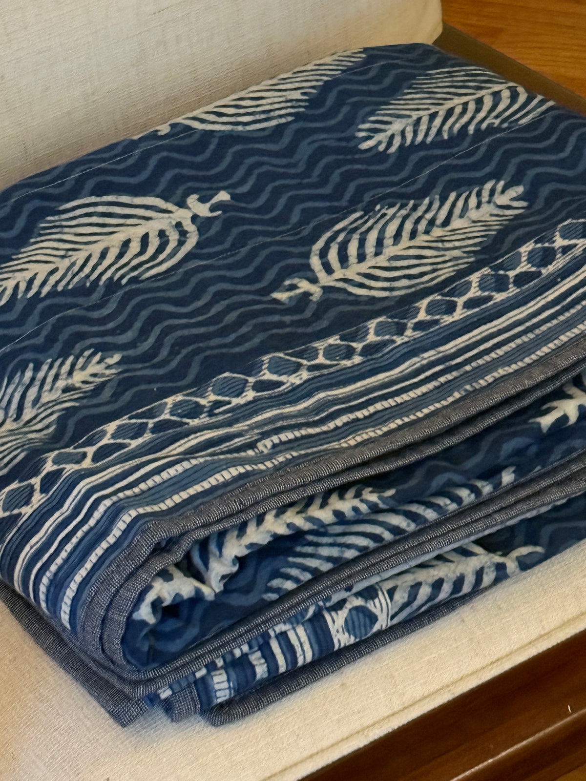 Quilted Block Print Reversible Throw - Indigo Fir