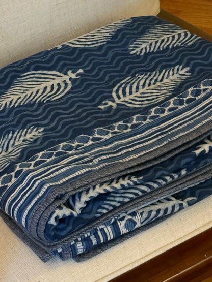 Quilted Block Print Reversible Throw - Indigo Fir