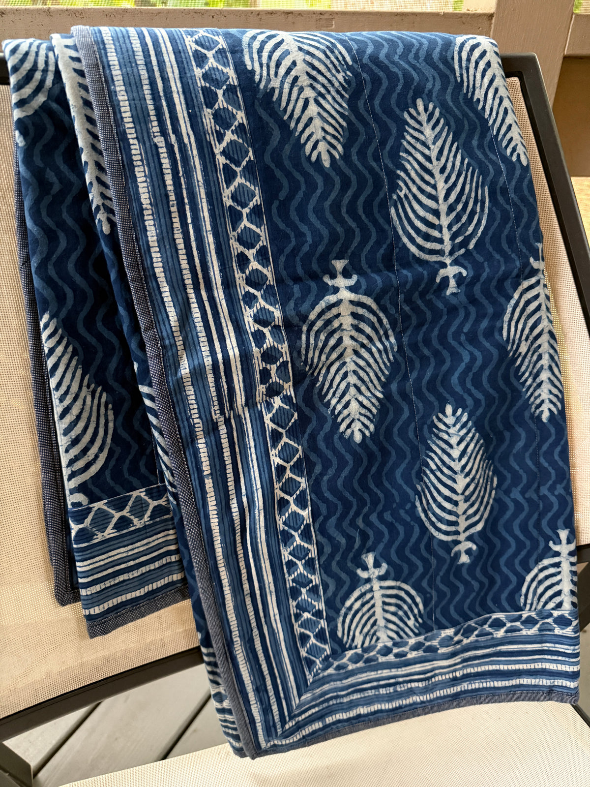 Quilted Block Print Reversible Throw - Indigo Fir