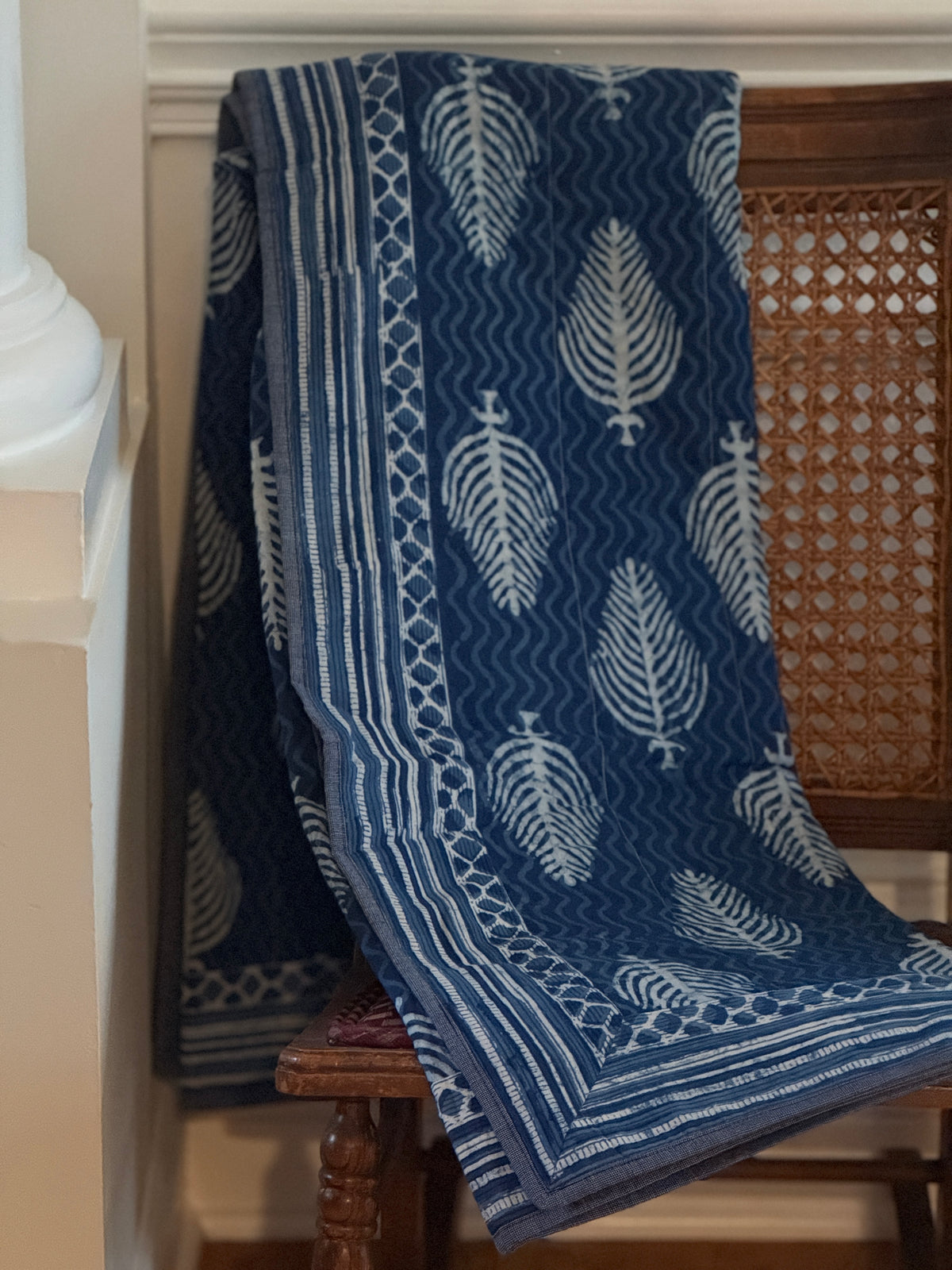 Quilted Block Print Reversible Throw - Indigo Fir