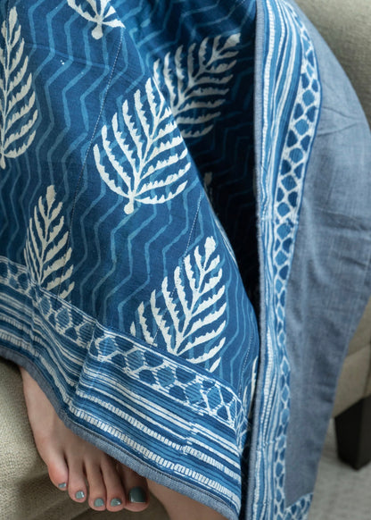 Quilted Block Print Reversible Throw - Indigo Fir