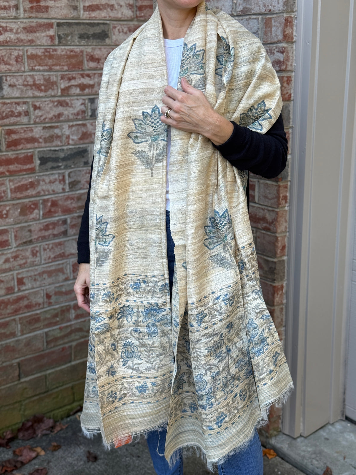 Raw Silk Block Printed Shawl - Nigella