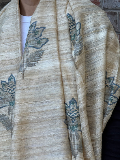 Raw Silk Block Printed Shawl - Nigella