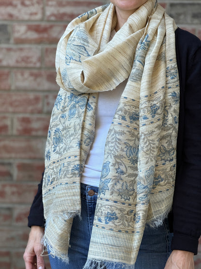 Raw Silk Block Printed Shawl - Nigella