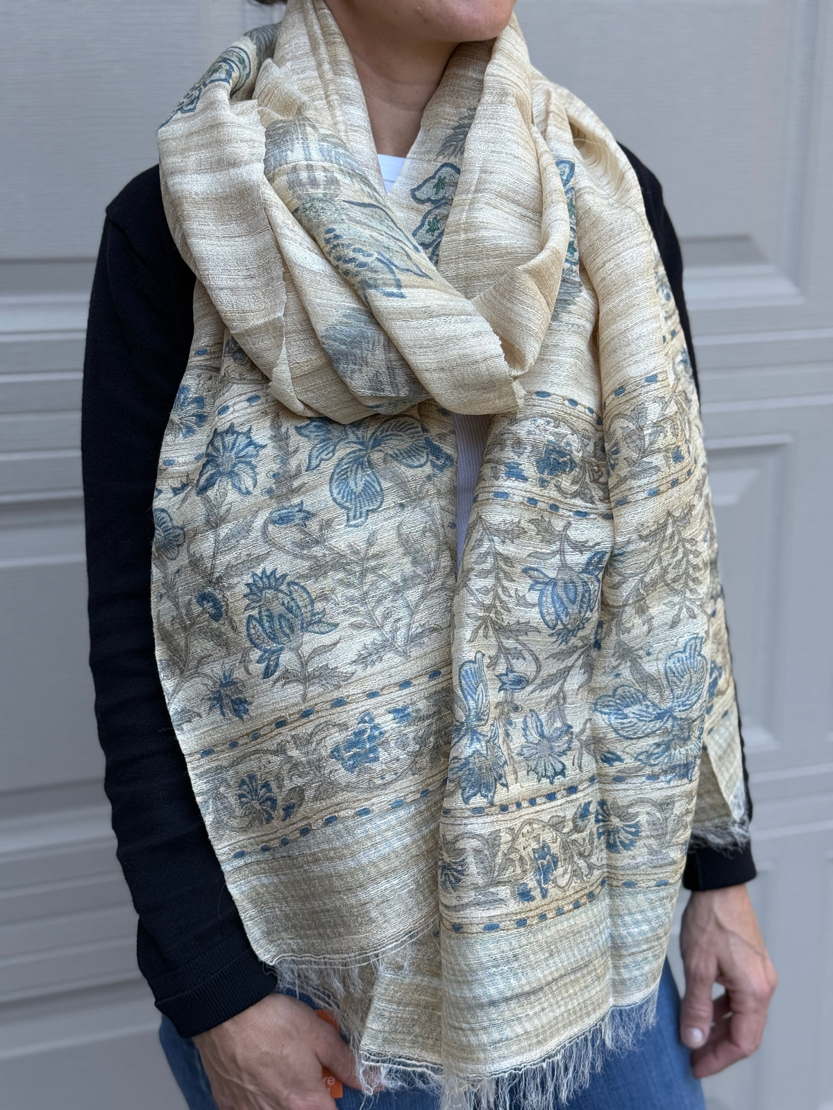 Raw Silk Block Printed Shawl - Nigella