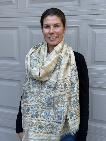 Raw Silk Block Printed Shawl - Nigella