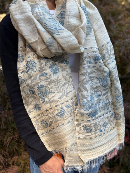 Raw Silk Block Printed Shawl - Nigella