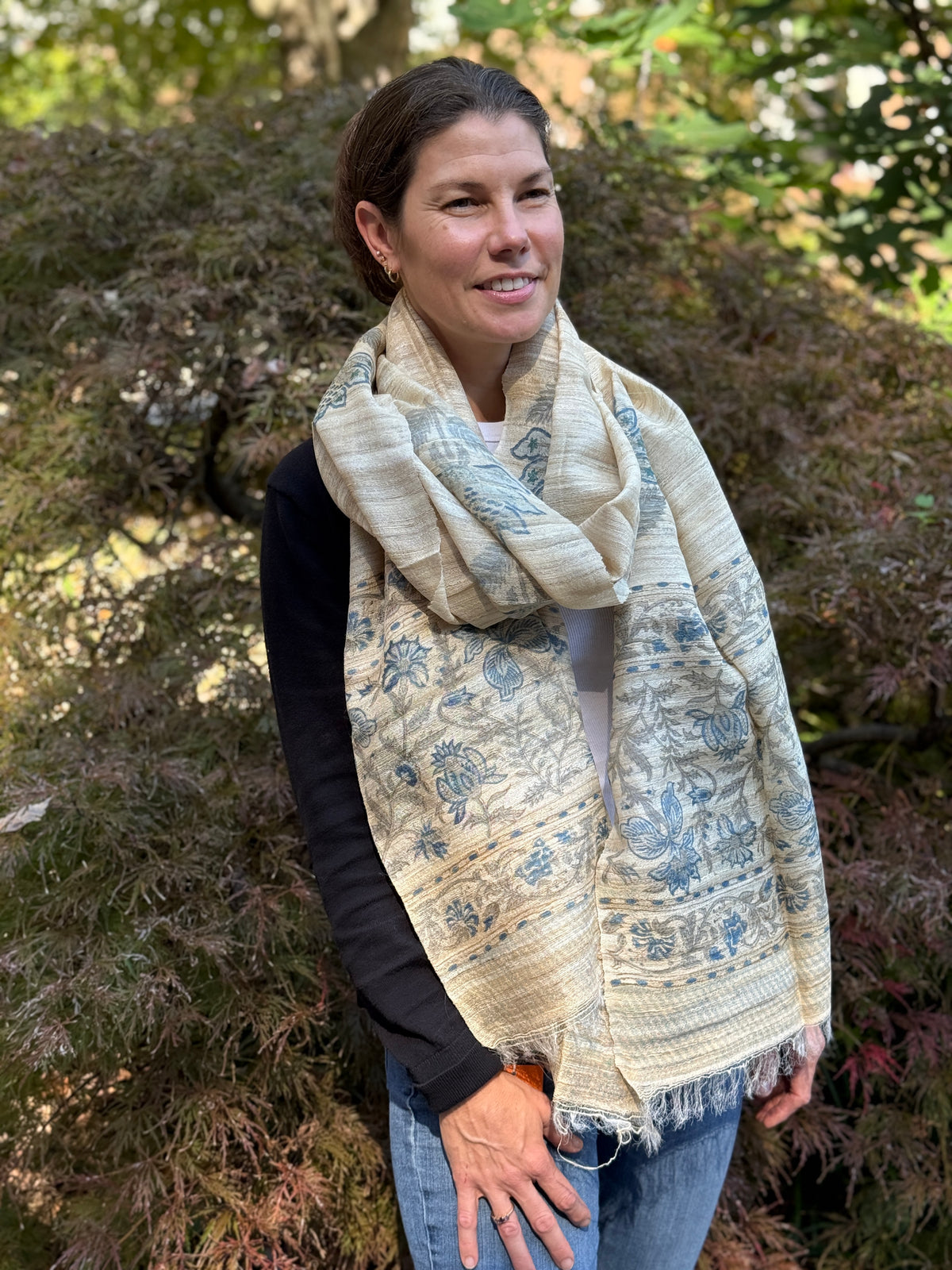 Raw Silk Block Printed Shawl - Nigella
