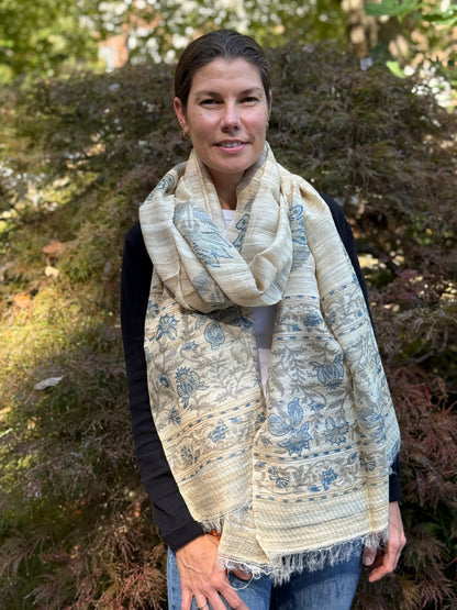 Raw Silk Block Printed Shawl - Nigella