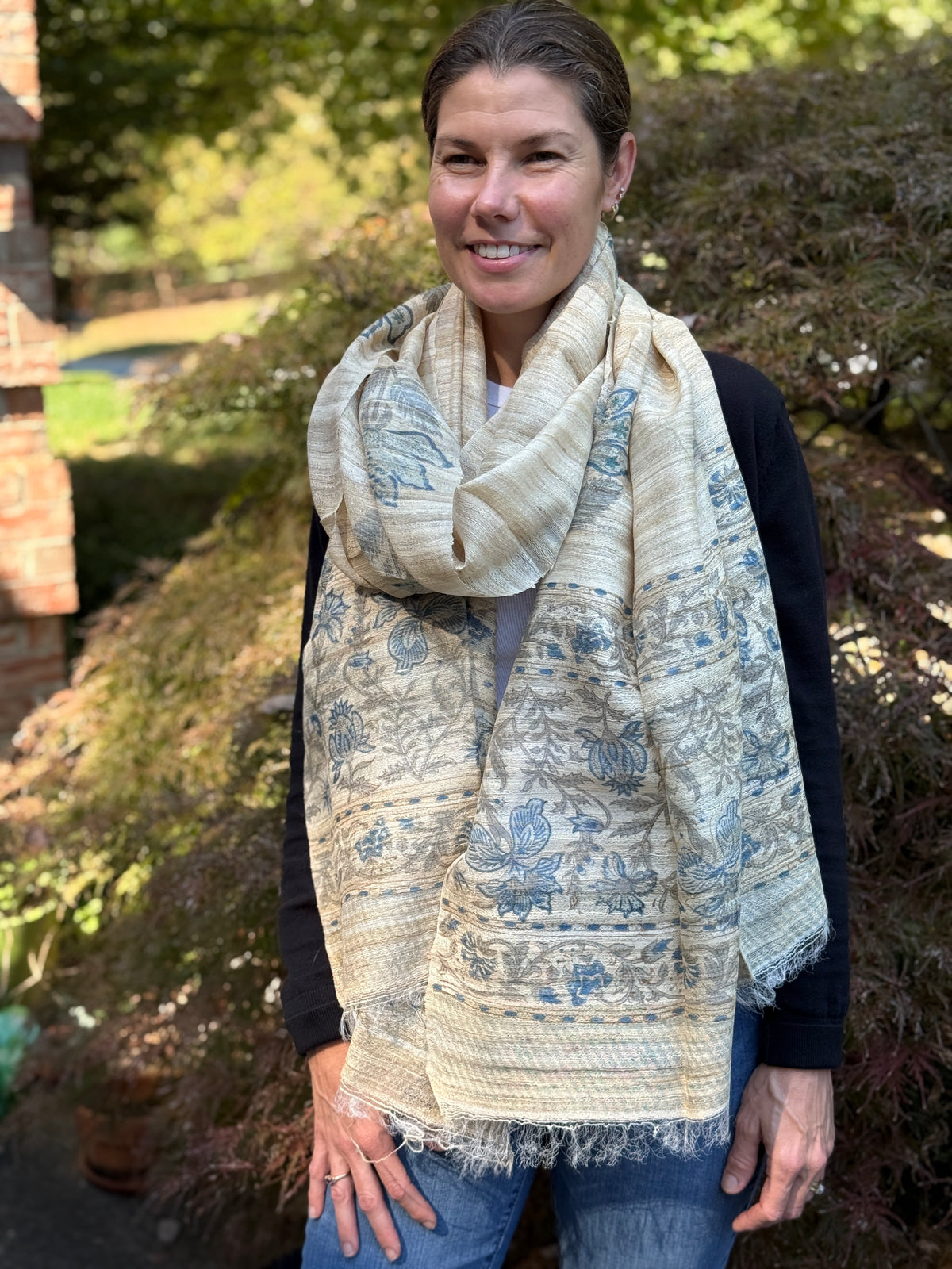 Raw Silk Block Printed Shawl - Nigella